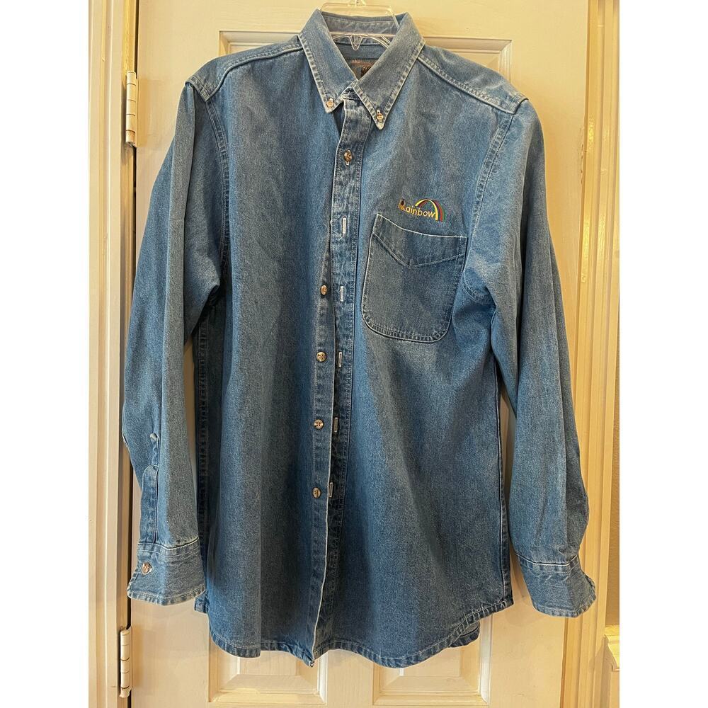 VTG Bear Back Shirt Men M Blue Button Up Long Sleeve Denim Branded Cotton Cowboy